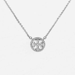 Tory Burch Miller Pavé Logo Delicate Pendant Necklace - Silver with Dust Bag